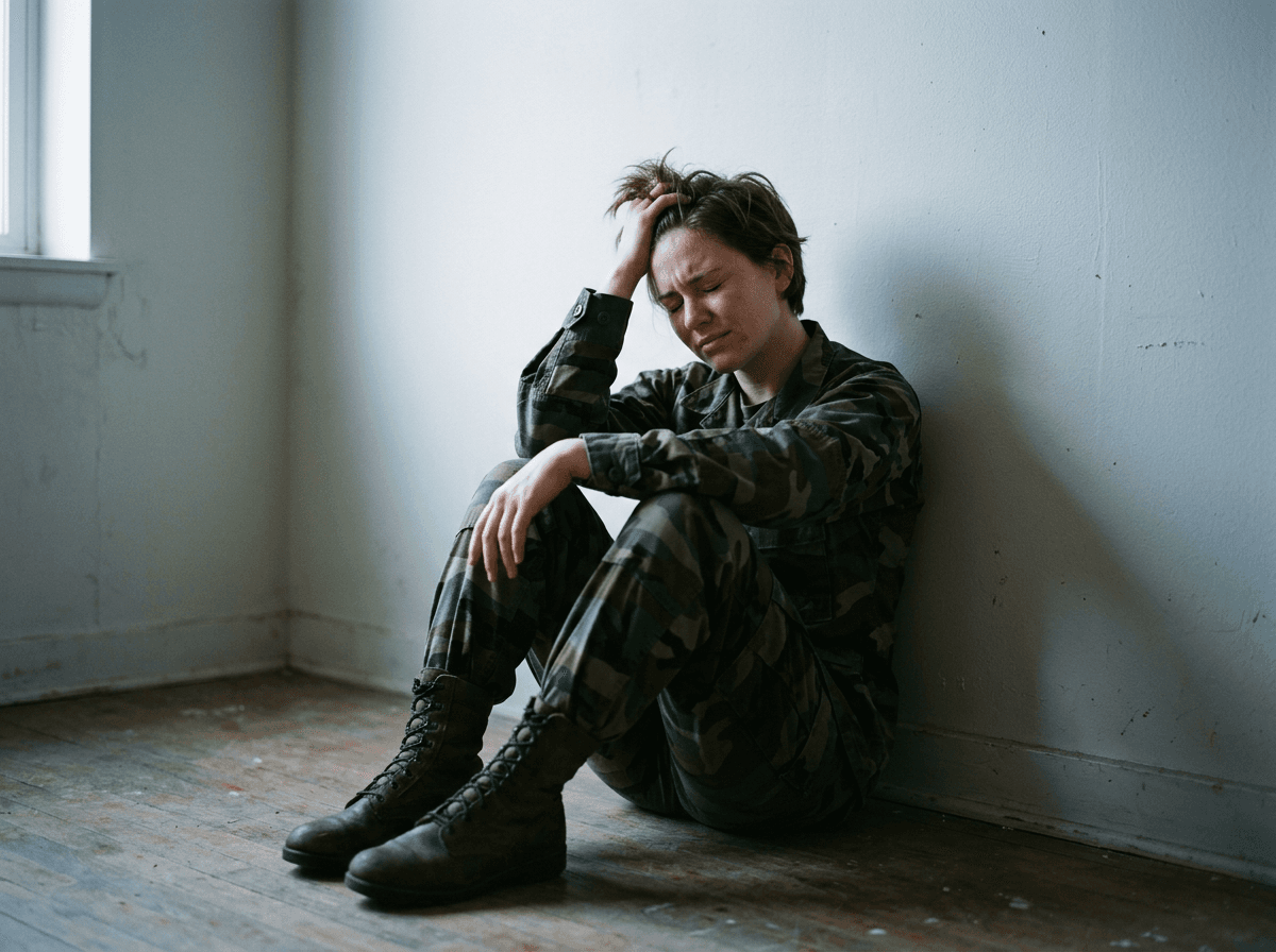 A young soldier in camouflage sits on the floor of a bare room, head in hand