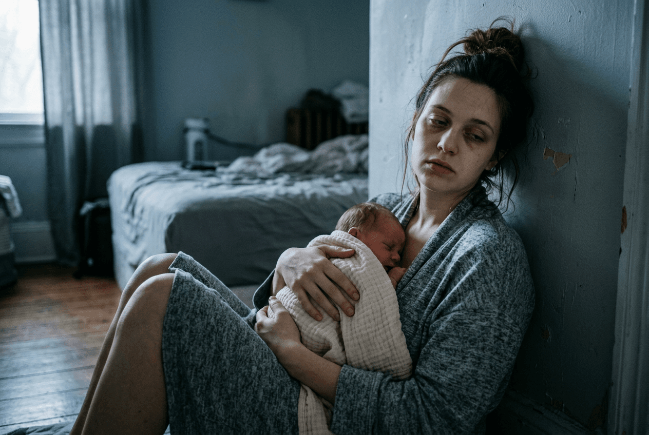 An exhausted mother leans against a wall, cradling her newborn