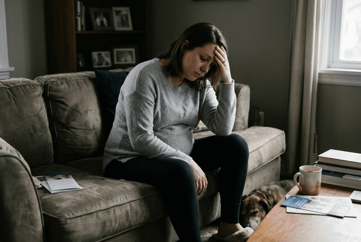 A woman sits on a sofa at home, holding her head in distress