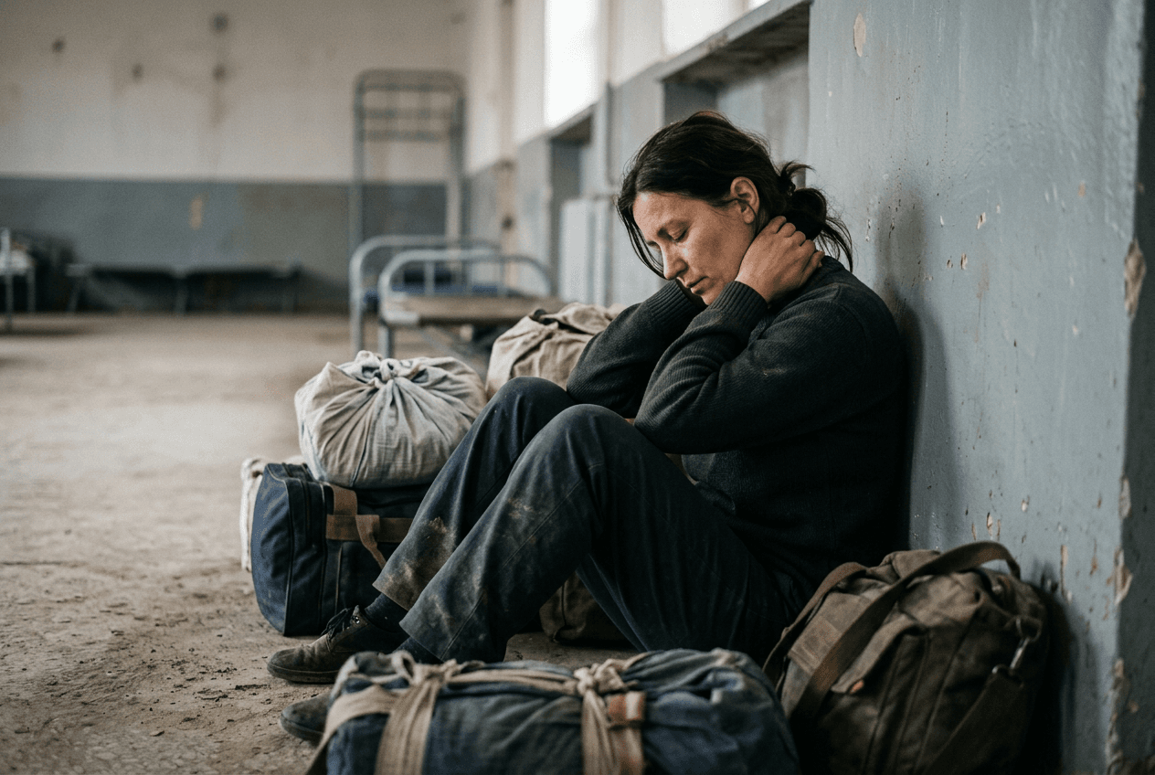 A woman sits on the floor of an empty shelter beside packed bags, looking down