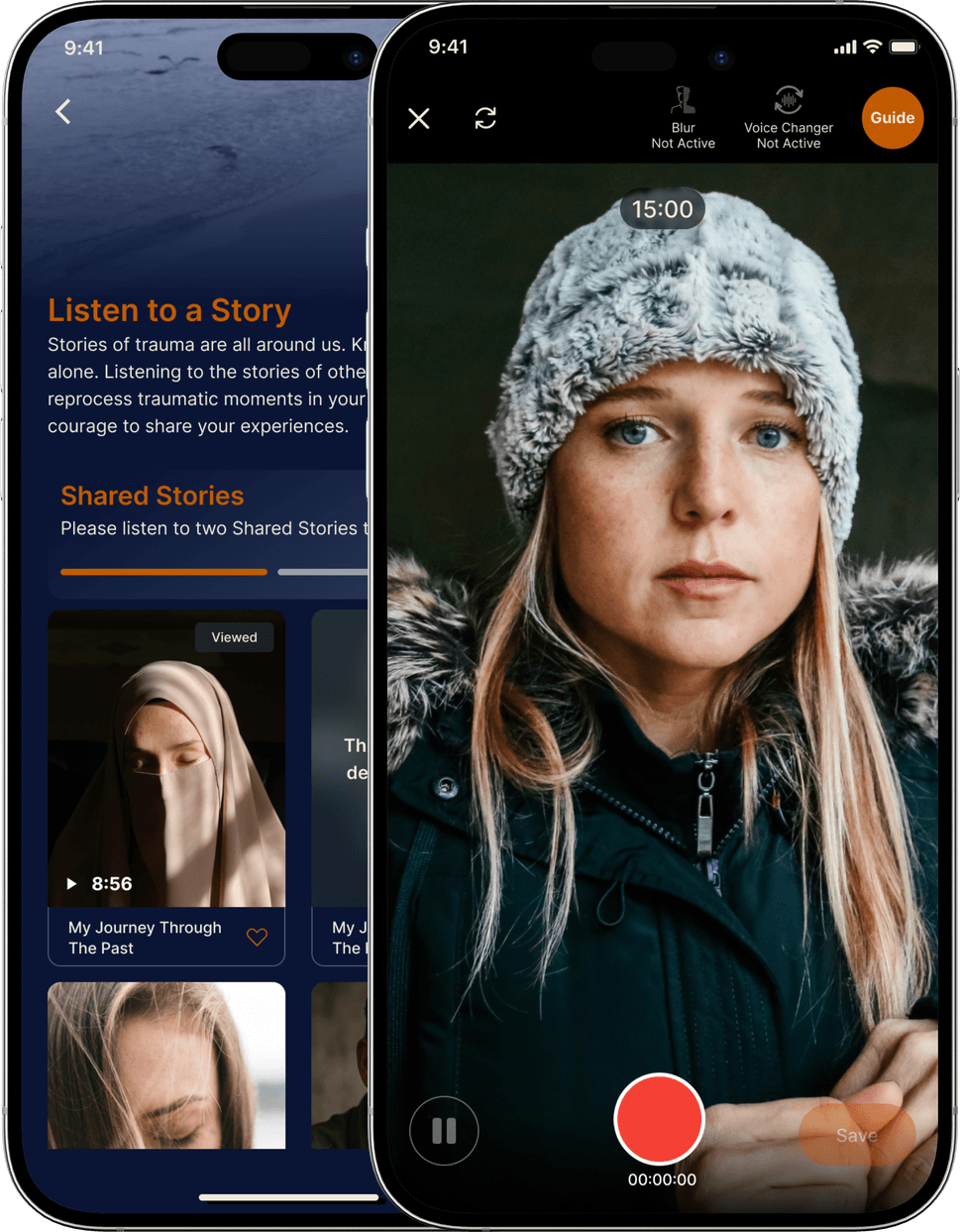 Two phones showing the EHS app: shared stories to listen to, and a person recording their story