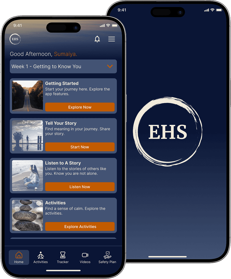 The EHS mobile app on two phones: the home screen with the week's activities, and the splash screen